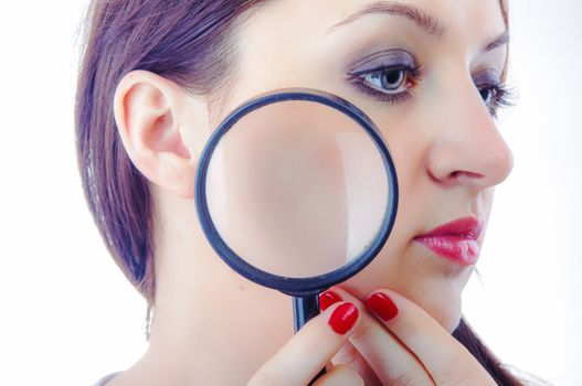 An image of Women with magnifying glass over her lips