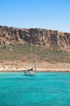 Yacht boat in beautiful turquoise sea, Gramvousa island, Greece 