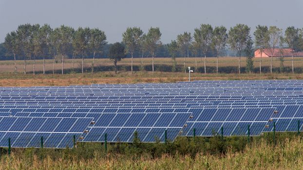 large solar panel system installed on an open field