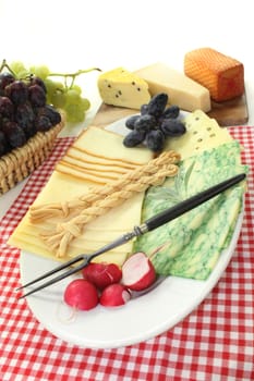 a white plate of various cheeses