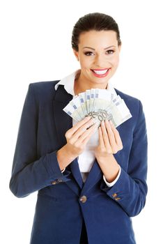 Happy business woman holding euro money , isolated on white background