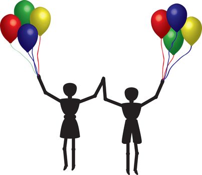boy and girl jumpin g with balloons in their hands