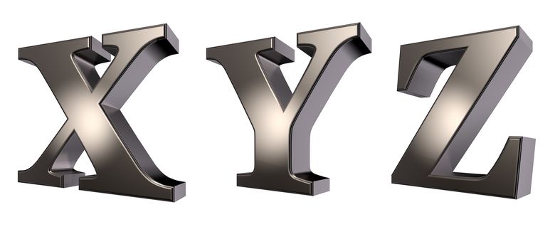 metal letters x, y and z on white background - 3d illustration