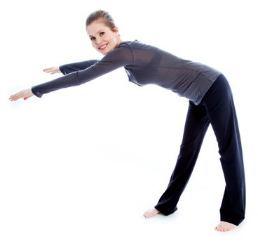 Attractive caucasian woman wearing a sport outfit in her 30 isolated on a white background