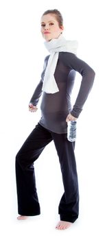 Attractive caucasian woman wearing a sport outfit in her 30 isolated on a white background