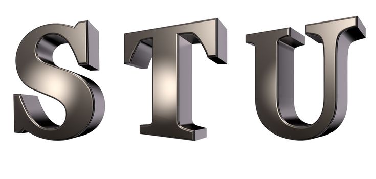 metal letters s, t and u on white background - 3d illustration
