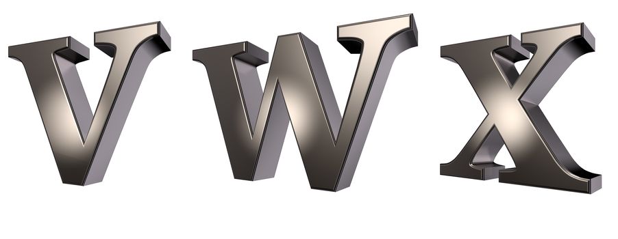 metal letters v, w and x on white background - 3d illustration