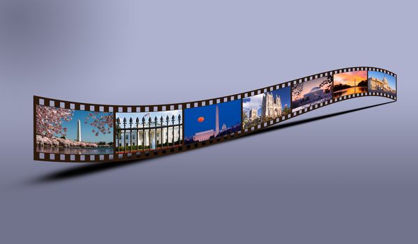 Film strip of 35mm format showing multiple Washington DC sights and monuments White House, Congress, Cherry Blossoms, cathedral, Jefferson and Lincoln Memorials