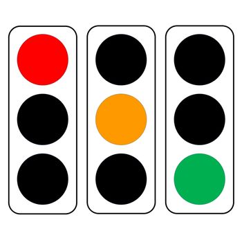 Three traffic lights with green, orange and red colors isolated on white background