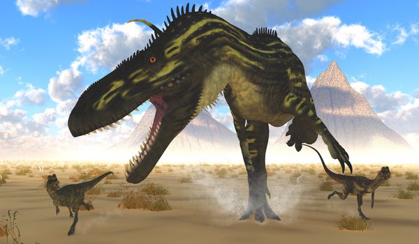 A Torvosaurus runs after two Dilophosaurus dinosaurs in a desert environment.