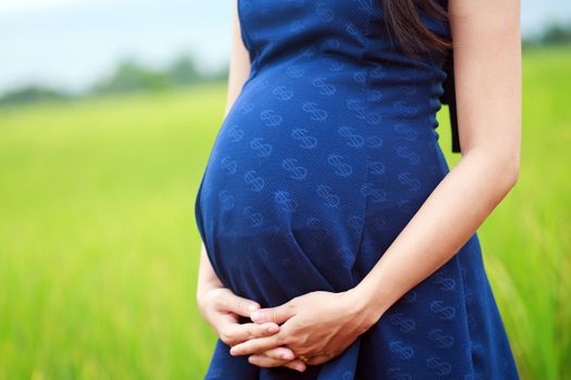 Pregnant woman on green meadow.