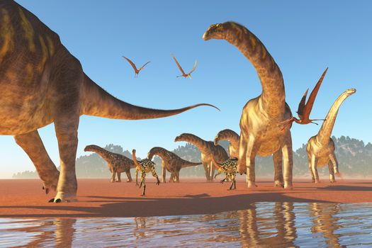 Two Deinocherius move along with a herd of Agentinosaurus dinosaurs eating any insects and small animals that are stirred up.