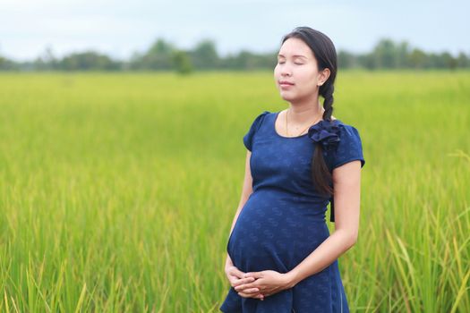 Pregnant woman on green meadow.