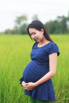 Pregnant woman on green meadow.