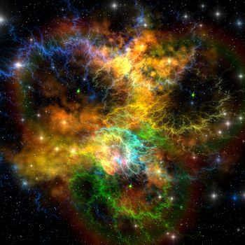 Multi-colored ribbons and gaseous clouds make up this nebula in the cosmos.