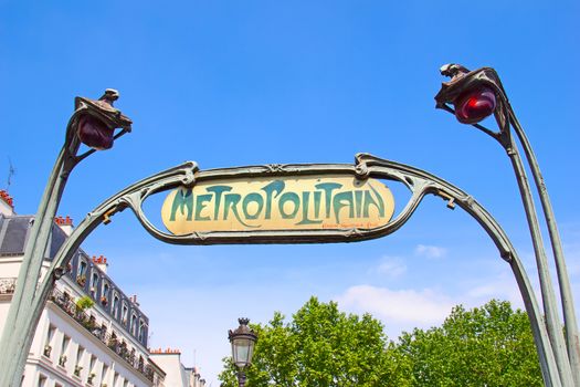 Famous Paris underground sign on the entrance to the station