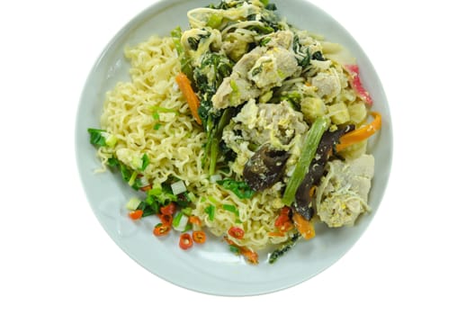 top view stir fried  instant noodles with pork ,  chili and vegetable on dish over  white background