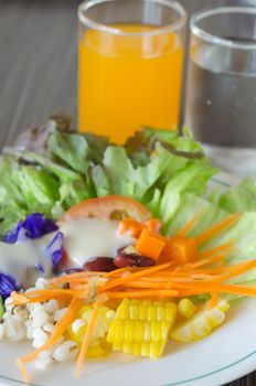fresh organic vegetable  salad and glass of orange juice