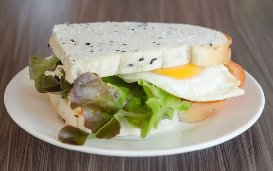  sandwich with  fried egg  tomatoes and  lettuce on dish 