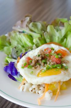 fried egg with minced pork and  fresh vegetable salad on dish