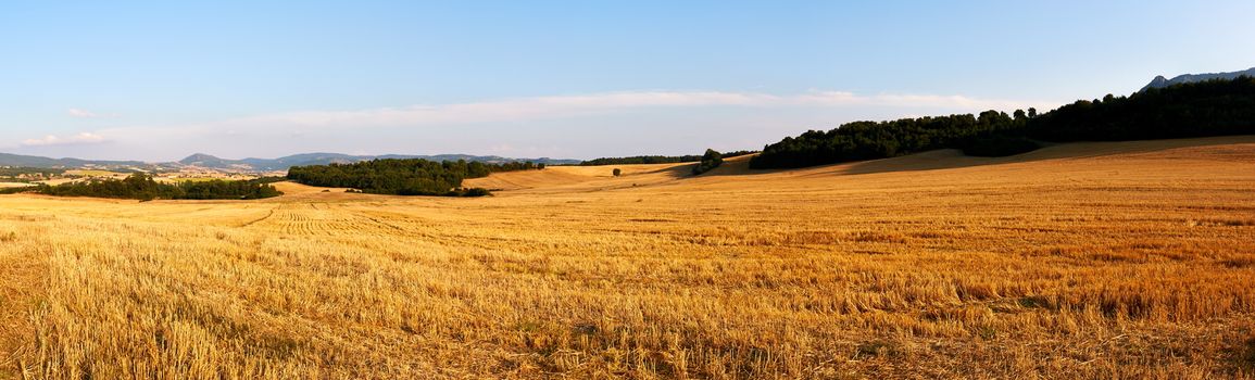 Panorama of fields after harvest in late August in Alava, Spain