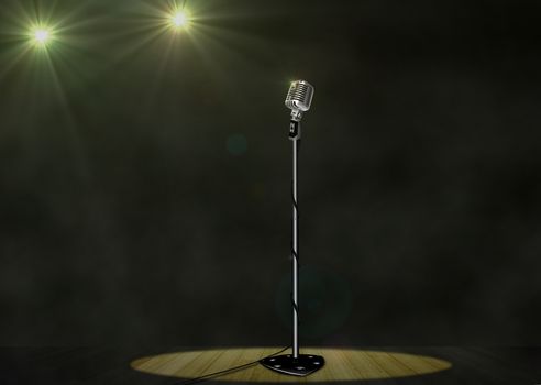 Vintage Microphone with Spotlights on Stage