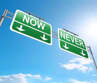 Illustration depicting a sign with a now or never concept.