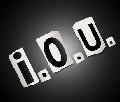 Illustration depicting a set of cut out letters formed to arrange the abbreviation i.o.u..