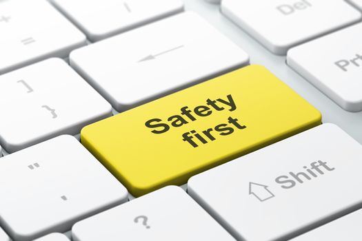 Safety concept: computer keyboard with word Safety First, selected focus on enter button, 3d render