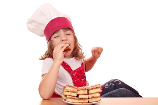 hungry little girl cook eat apple cake