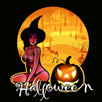 illustration, text halloween, witch and pumpkin on the moon