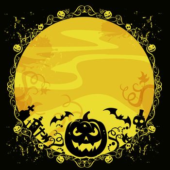 halloween illustration, pumpkin, churchyard, bats, skulls on the moon