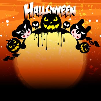 illustration, text halloween, pumpkins, witches, bats, skulls, moon