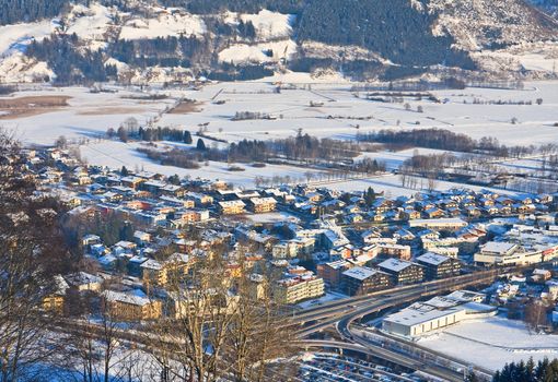 Ski resort Zell am See, village Schuttdorf. Austria. Alps at winter