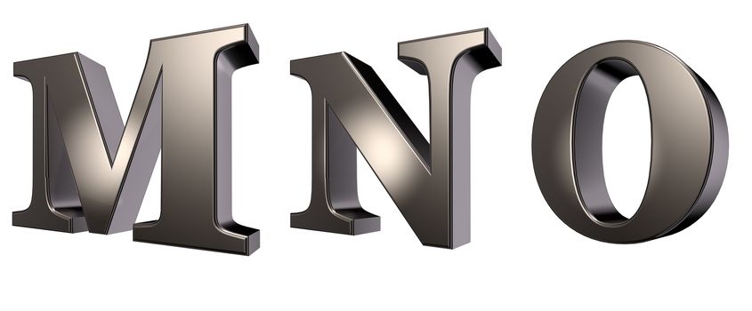 metal letters m, n and o on white background - 3d illustration