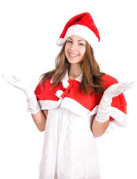 Smiling young christmas woman isolated on white background