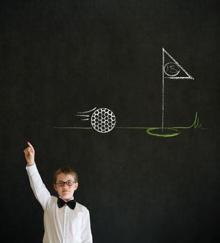 Hand up answer boy dressed up as business man with chalk golf ball flag green on blackboard background