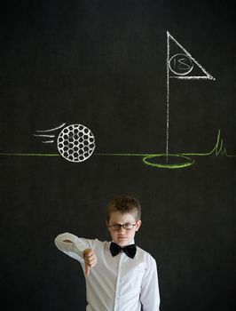 Thumbs down boy dressed up as business man with chalk golf ball flag green on blackboard background