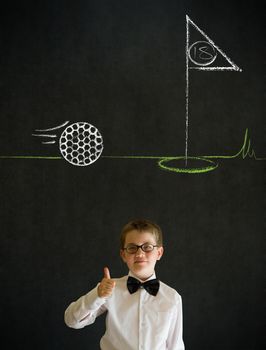 Thumbs up boy dressed up as business man with chalk golf ball flag green on blackboard background