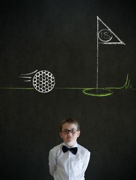 Thinking boy dressed up as business man with chalk golf ball flag green on blackboard background