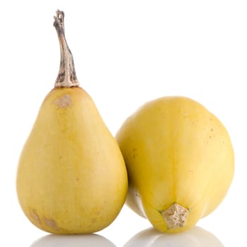 Closeup detail of yellow pumpkins on white reflective background.