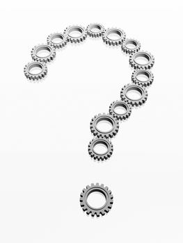 question sign of 3d silver grey gearwheels, business concept symbol