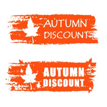 autumn discount - orange drawn banner with text and fall leaf, business concept