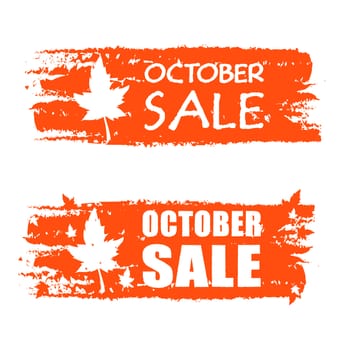 october sale - orange drawn banner with text and fall leaf, business concept