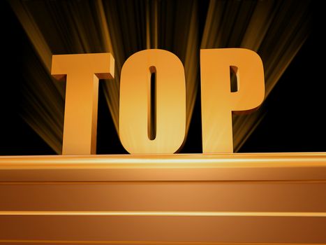 text top - 3d golden letters over pedestal with rays, business concept word