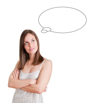 Woman thinking in a white background with a bubble over her