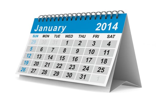 2014 year calendar. January. Isolated 3D image