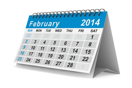 2014 year calendar. February. Isolated 3D image