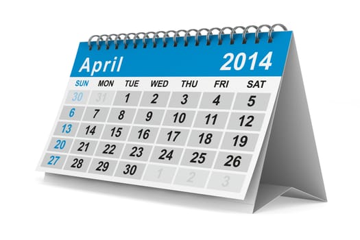 2014 year calendar. April. Isolated 3D image