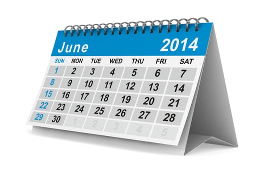 2014 year calendar. June. Isolated 3D image